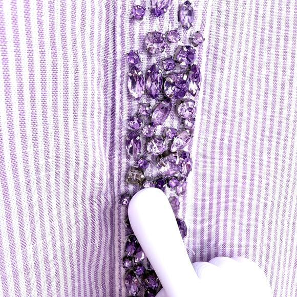 Chicos MEDIUM 1 8/10 LINEN BLEND Purple Stone Accent Long Line Shirt Top Tunic - Picture 6 of 10